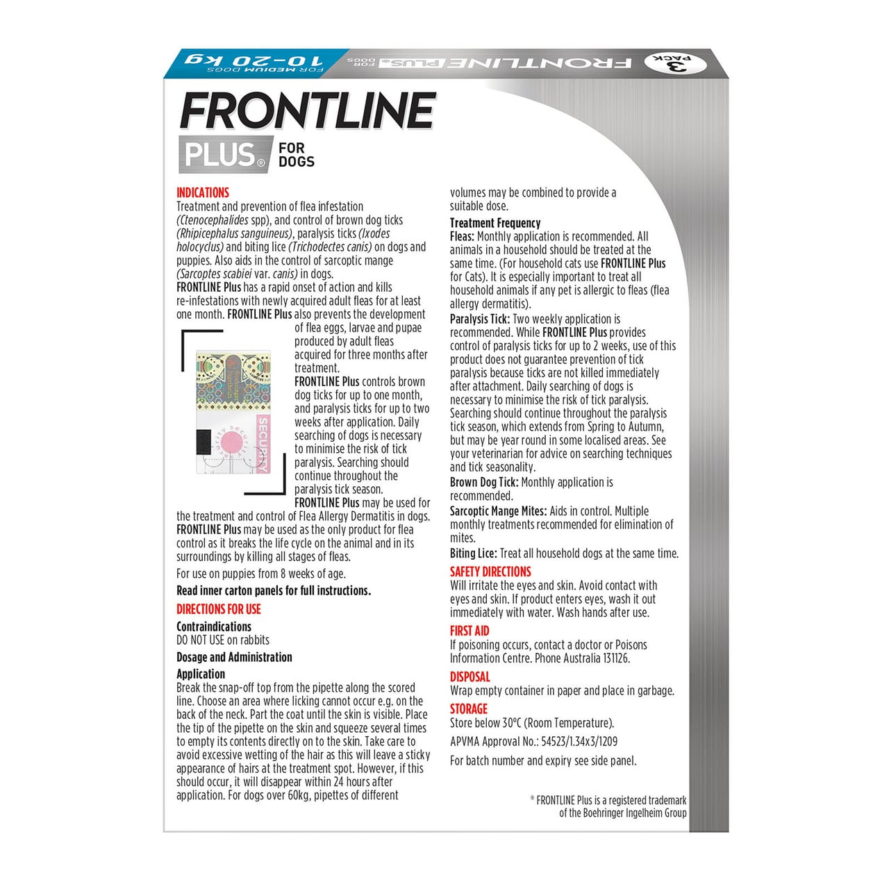 Frontline Plus for Medium Dogs 10-20kg, blue packaging, 3-pack for flea and tick treatment.