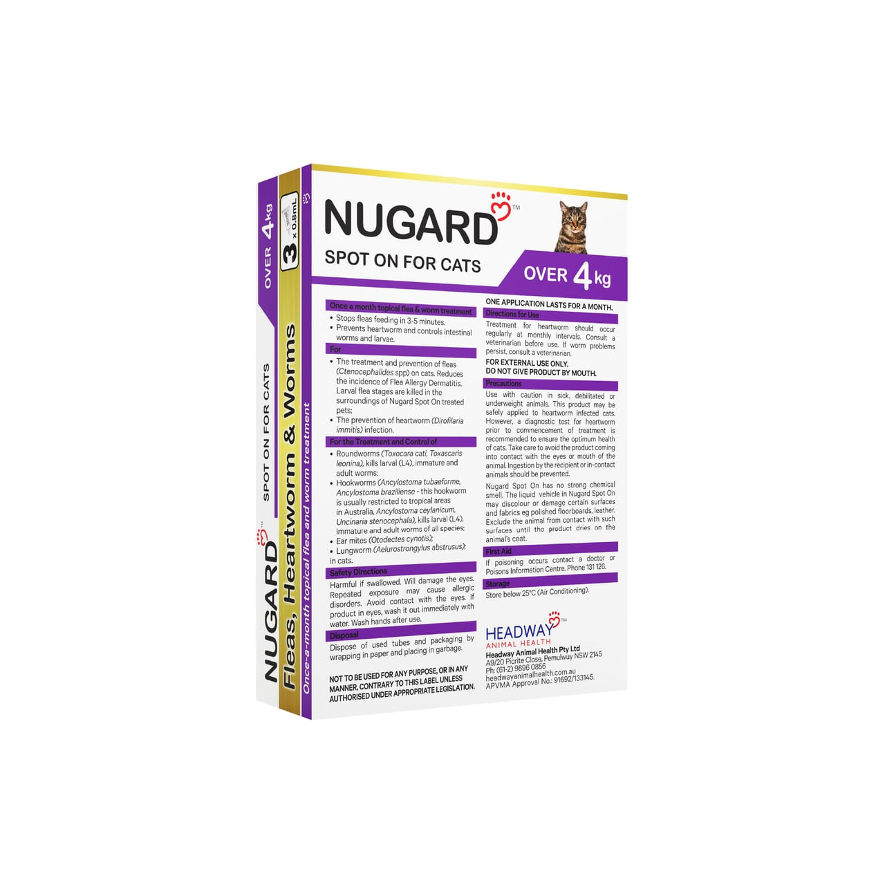 Nugard for Large Cats Over 4kg, purple packaging with three doses for flea and worm treatment.