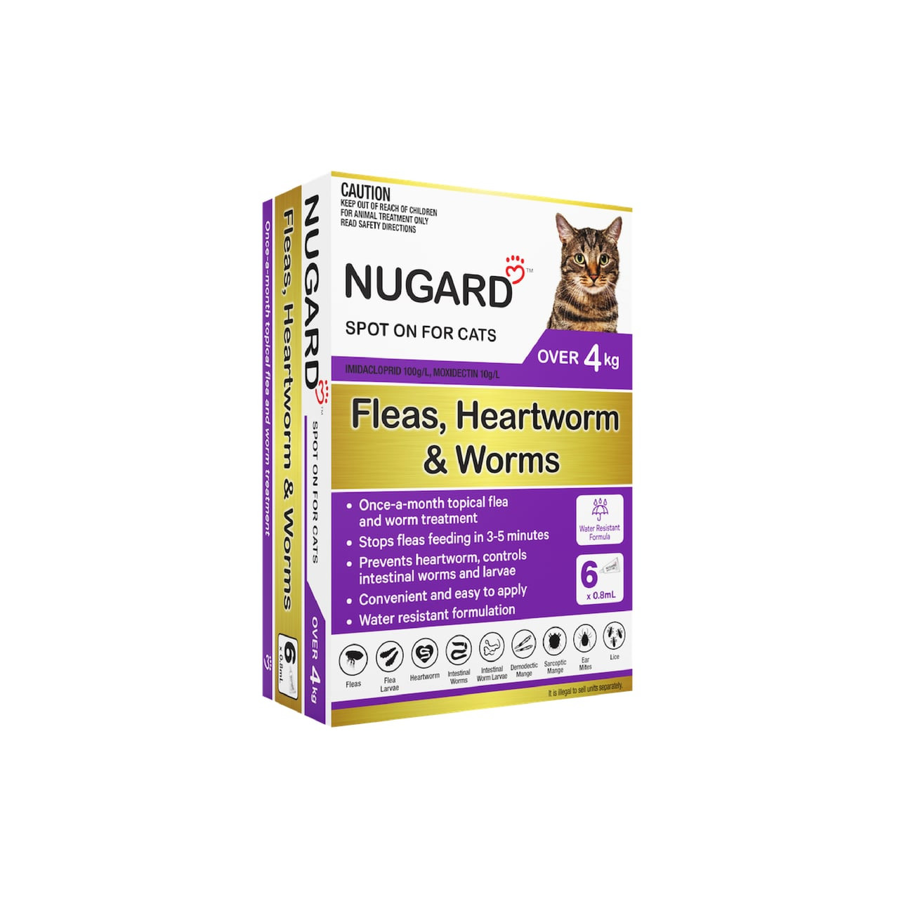 Nugard for Large Cats Over 4kg, purple packaging, 6 doses for flea and worm control.