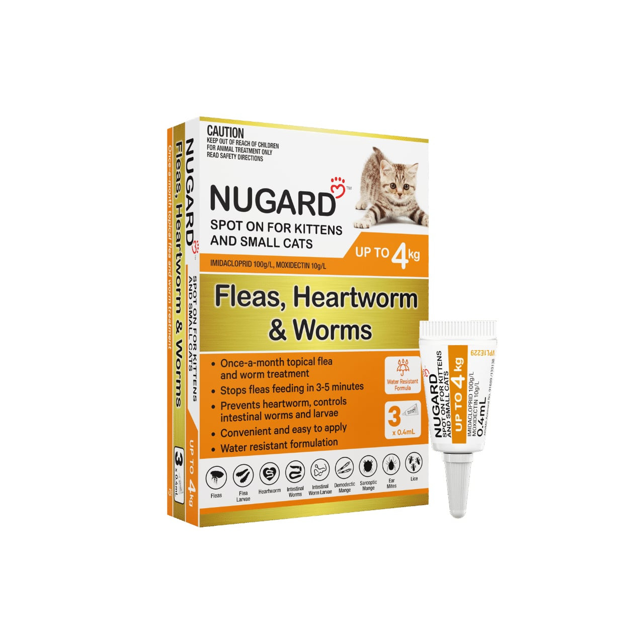 Nugard for Kittens and Small Cats, 3 doses, flea, heartworm, and worm treatment, orange packaging.