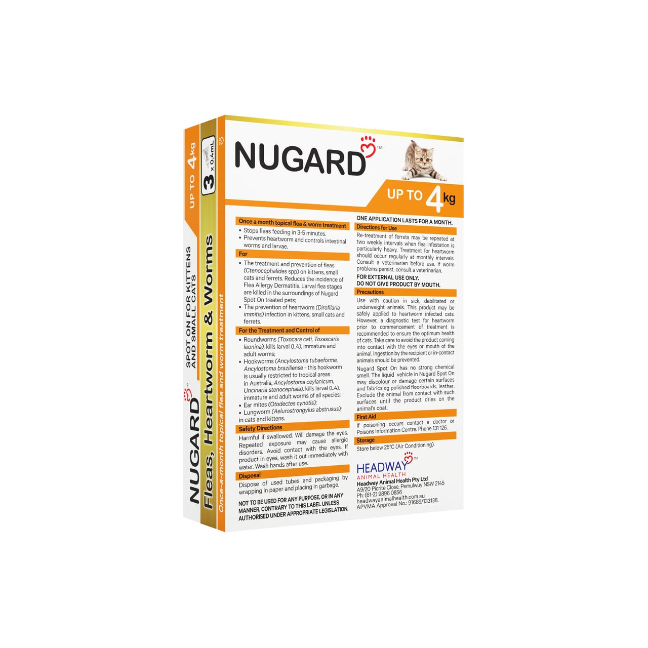 Nugard for Kittens and Small Cats, 3 doses, treats heartworms and worms, orange packaging.