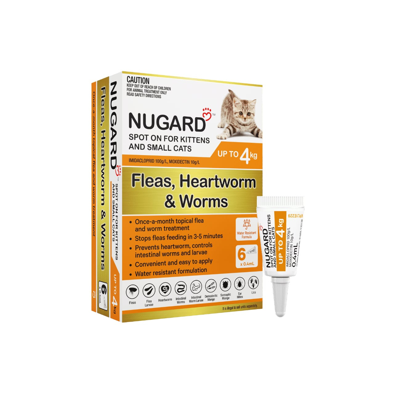 Nugard for Kittens and Small Cats, orange packaging, 6 doses for fleas and worms prevention.