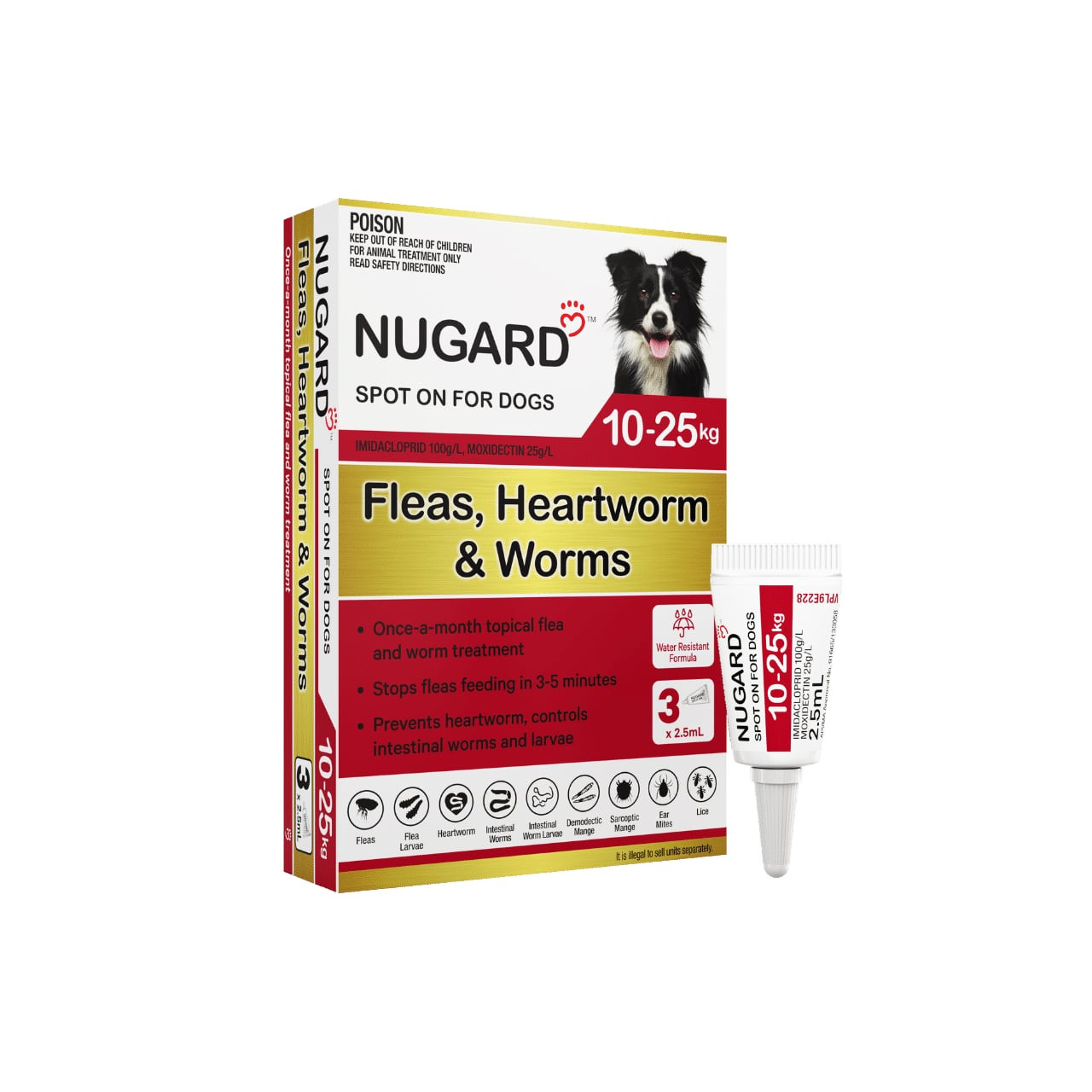 Nugard spot-on treatment for medium dogs 10-25kg, includes 3 doses for fleas and worms.