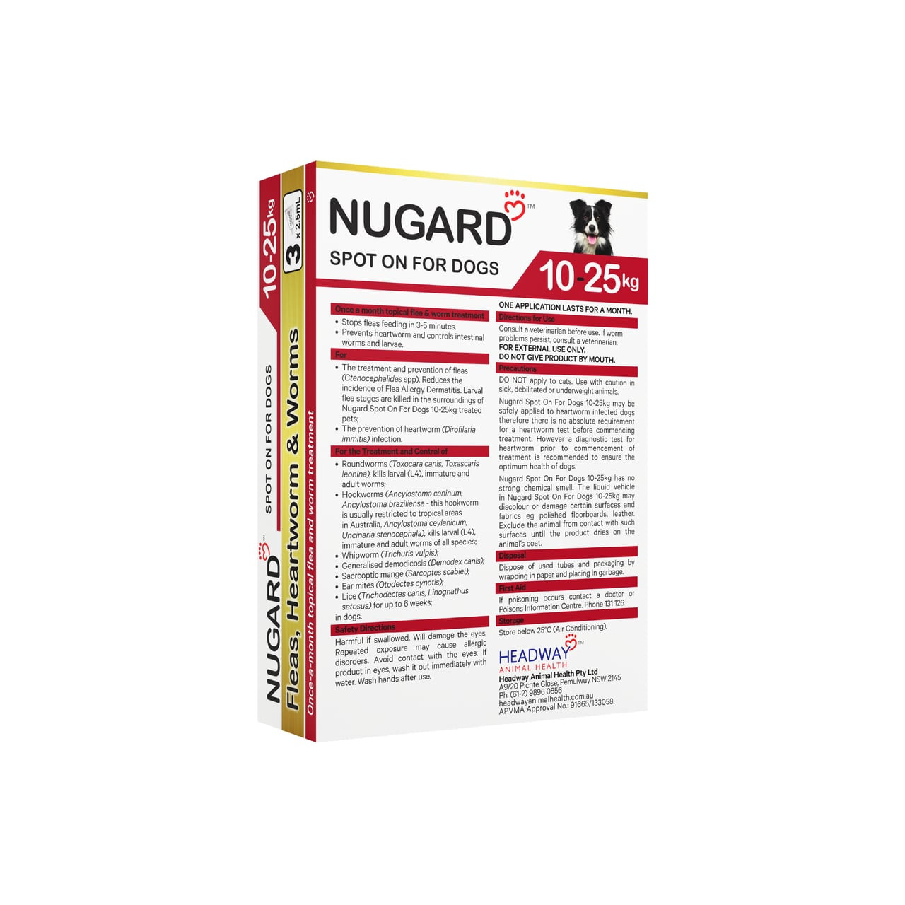 Nugard spot-on treatment for medium dogs 10-25kg, red packaging, includes three doses for pet health.