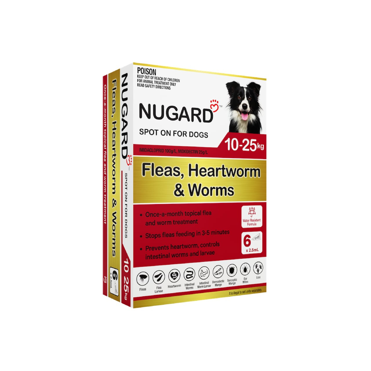 Nugard for Medium Dogs 10-25kg, red packaging, six doses for fleas, heartworm, and worms.