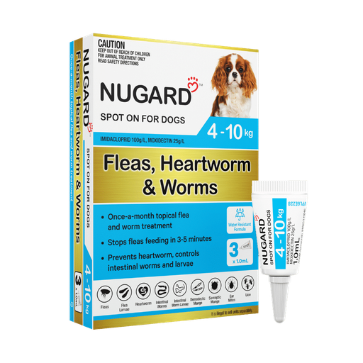 Nugard for Small Dogs 4-10kg Aqua, three doses for fleas, heartworms, and worms.