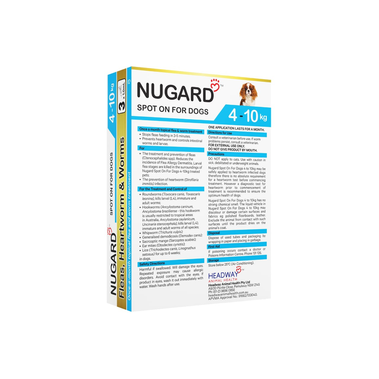 Nugard for Small Dogs 4-10kg Aqua packaging, featuring 3 doses for pet health solutions.