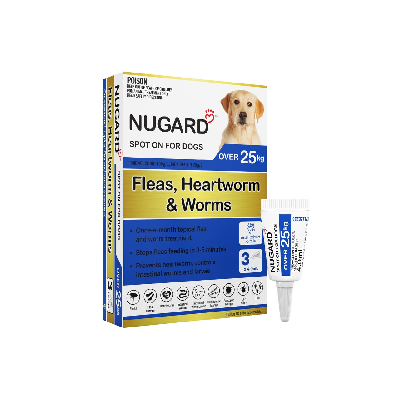 Nugard for Large Dogs over 25kg, blue box, contains 3 doses for flea, heartworm, and worm protection.