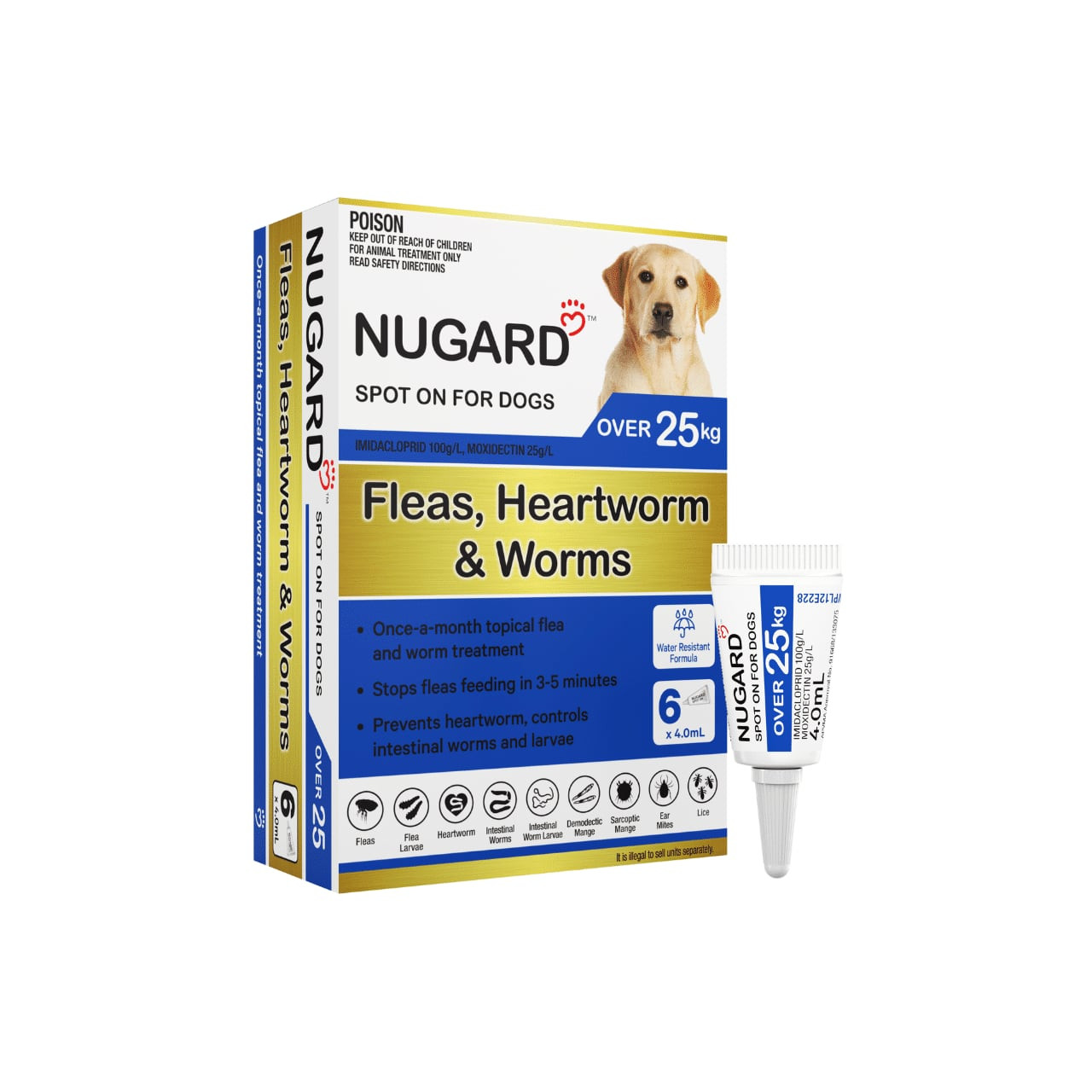 Nugard for Large Dogs over 25kg, 6 doses, blue packaging for flea and worm treatment.