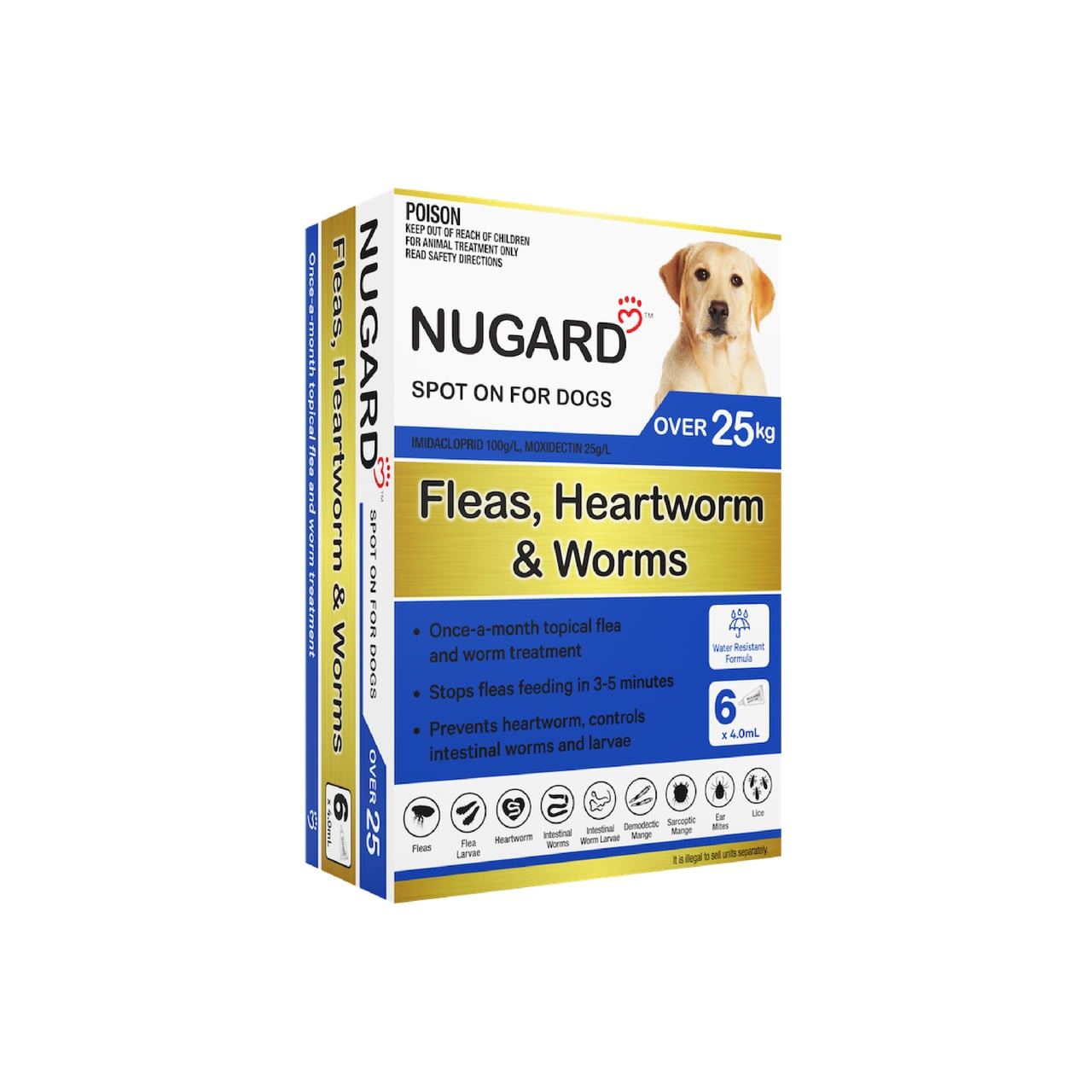 Nugard for Large Dogs over 25kg packaging, treats fleas, heartworms, and worms.