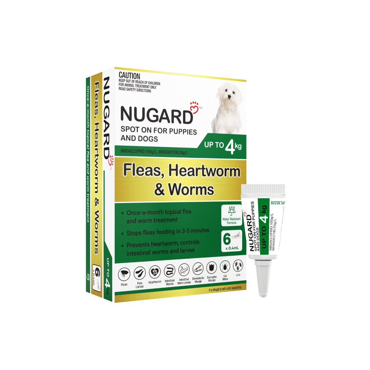 Nugard for Puppies and Toy Dogs, 6 doses, green box, flea and worm treatment.