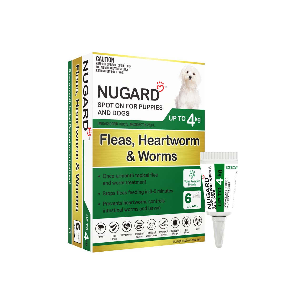 Nugard for Puppies and Toy Dogs, green packaging, 6 doses for fleas and worms.