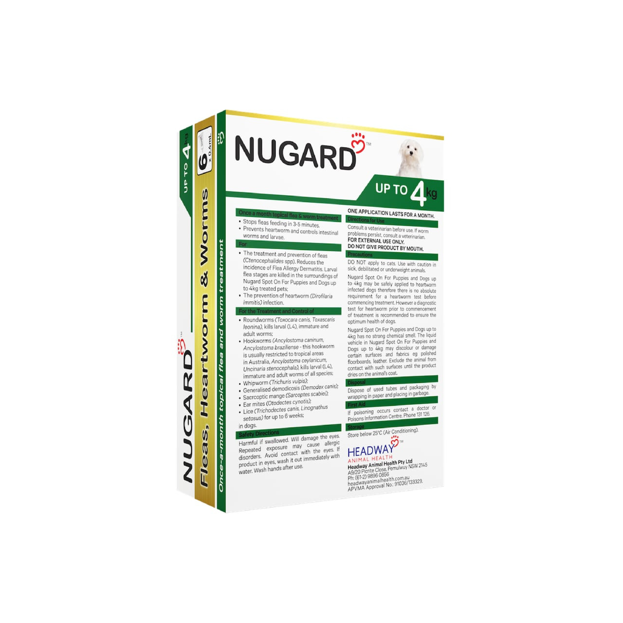 Nugard for Puppies and Toy Dogs, green packaging, six doses for flea and worm protection.