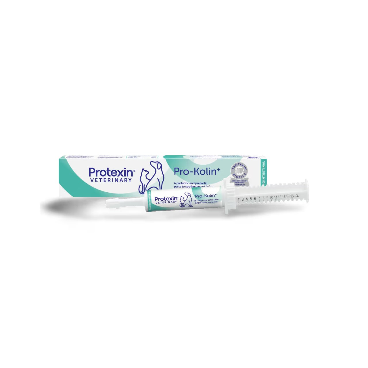 Protexin Pro Kolin+ Probiotic Paste for Dogs & Cats 30ml with packaging and dosage syringe.