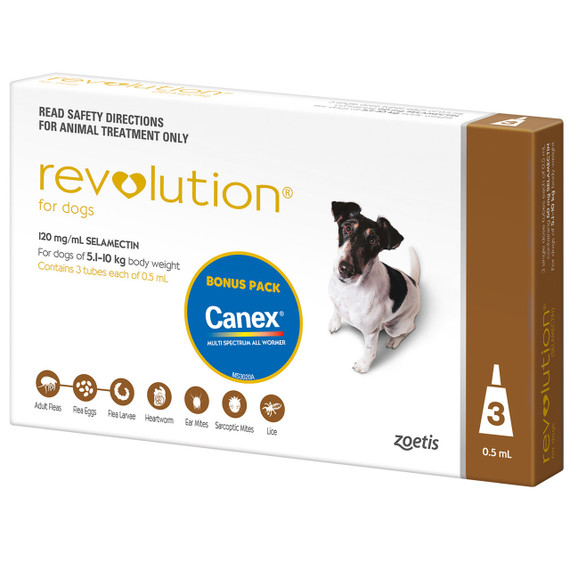 Revolution for Dogs 5.1-10 kg - Brown 3 Pack with Bonus Canex Worming Tablets