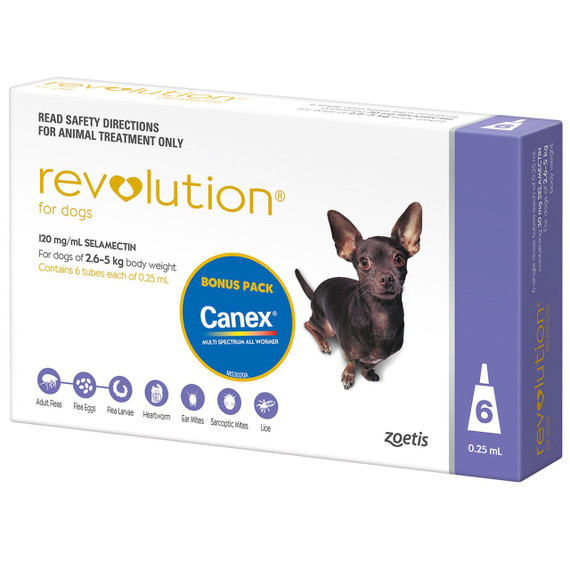 Revolution for Dogs up to 5 kg - Purple 6 Pack with Bonus Canex Worming Tablets