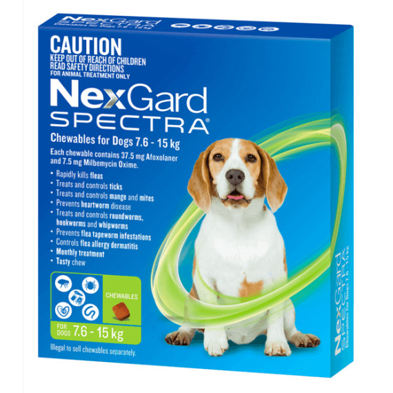 NexGard Spectra Chewables For Dogs Medium Dogs 7.6-15kg - Green 3 Pack