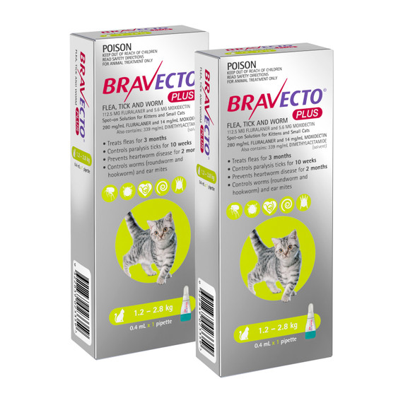 Bravecto PLUS Spot On for Cats 1.2-2.8 kg - Green 2 Doses