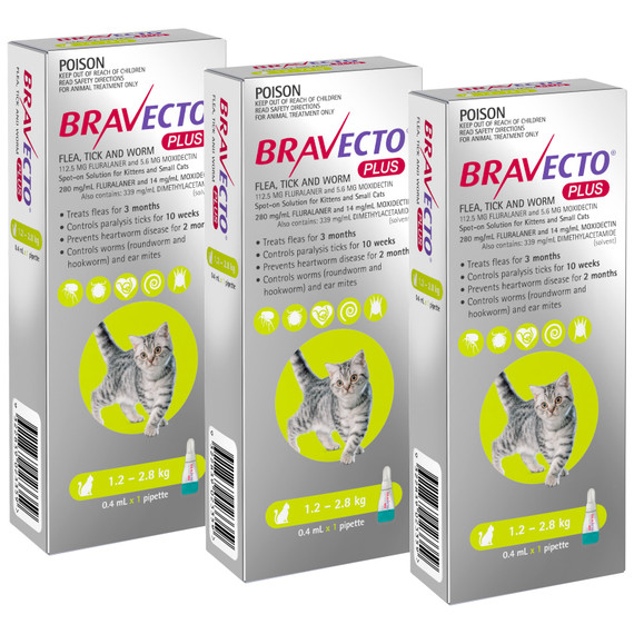 Bravecto PLUS Spot On for Cats 1.2-2.8 kg - Green 3 Doses
