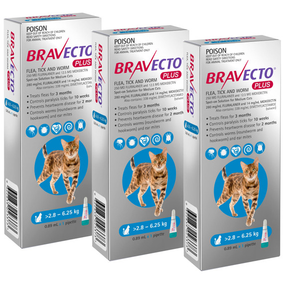 Bravecto PLUS Spot On for Cats 2.8-6.25 kg - Blue 3 Doses