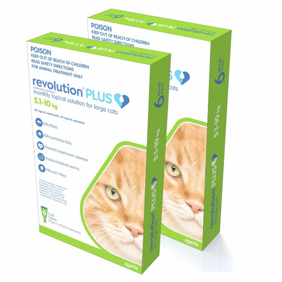 Revolution PLUS for Large Cats, 5-10kg, 12 doses, green packaging, effective parasite prevention.