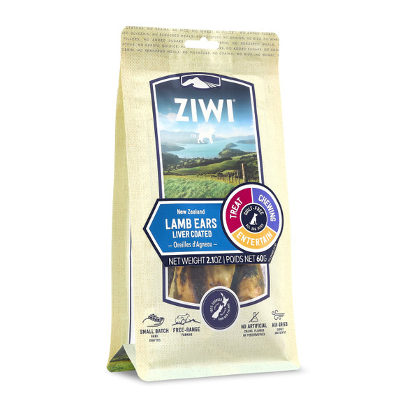 Ziwi Peak Liver Coated Lamb Ears Oral Health Chews, 60g bag, pet treat for dog dental care.