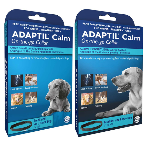 Small/Very Small and Medium/Large Adaptil Calming Collar Packages side by side