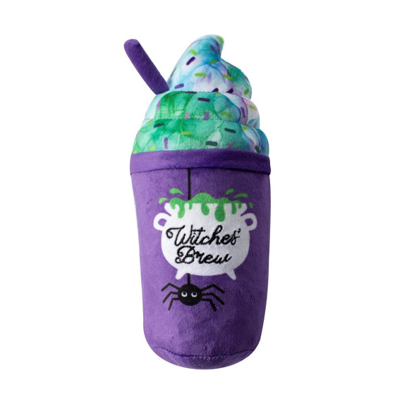 Fringe Studio Halloween Plush Squeaker Dog Toy in purple, styled like Witches Brew with spider design.