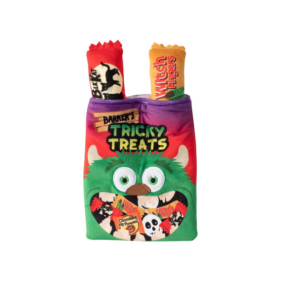 Fringe Studio Halloween Plush Squeaker Dog Toy featuring Tricky Treats Burrow with two toys.