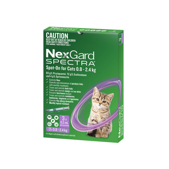 NexGard Spectra for Cats 0.8-2.4 kg, purple packaging, 3-pack for effective parasite control.