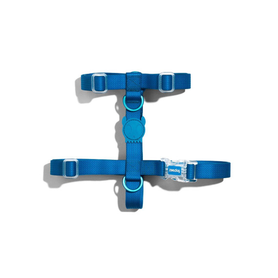 Zee.Dog Neopro Blue H-Harness in vibrant blue fabric with adjustable straps and buckles.