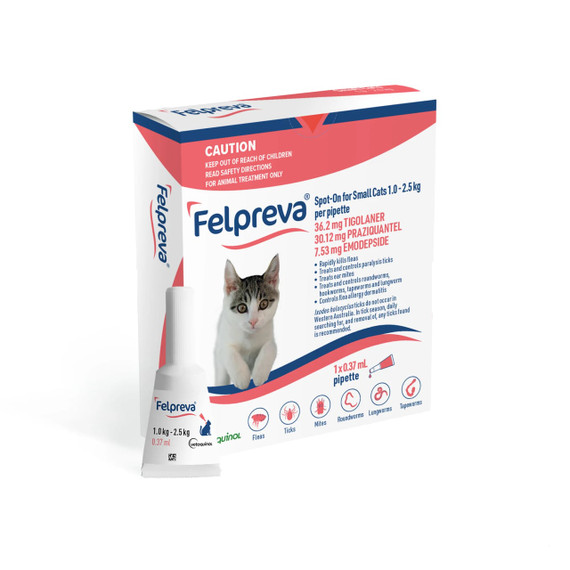 Felpreva Spot-On for Small Cats, 1-2.5kg, package with pipette for parasite treatment.