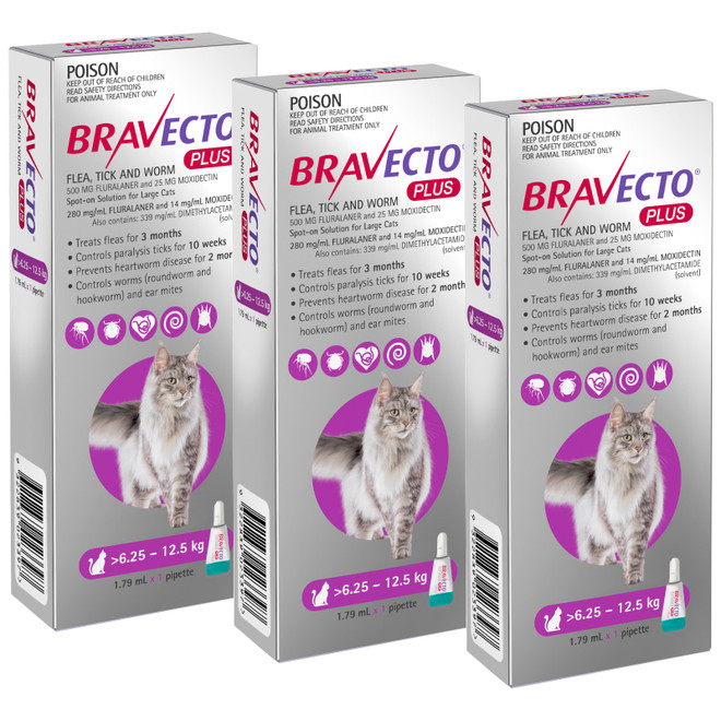 Bravecto PLUS Spot On for Cats 6.25-12.5 kg - Purple 3 Doses