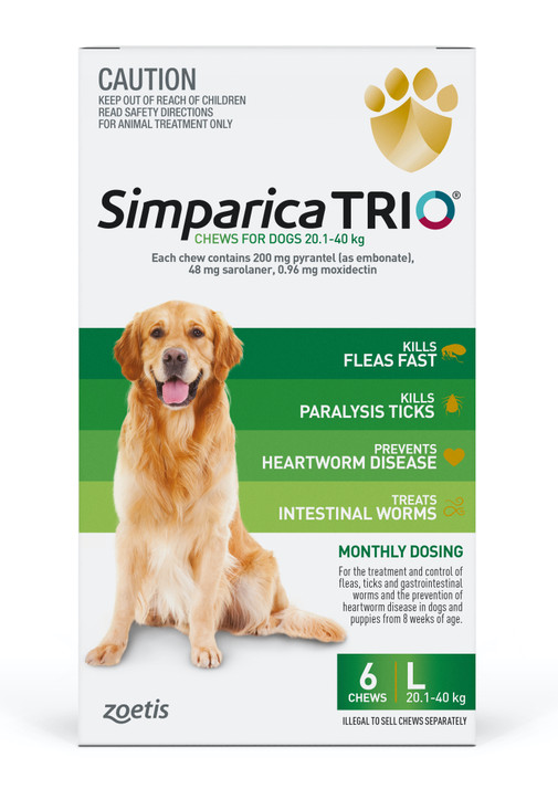 Simparica TRIO Chews for Dogs 20.1-40 kg - Green 6 Chews