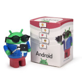 Android mini collectible influencer edition poses with selfie stick and sunglasses, back of packaging