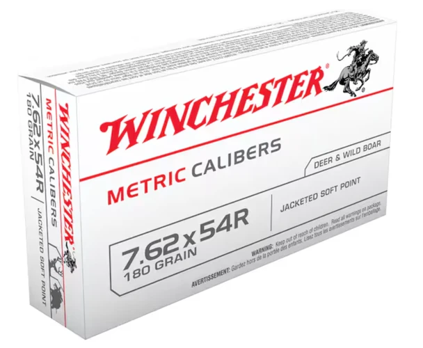Winchester 7.62x54r Ammo 180-Grain Jacketed Soft Point - Box of 20 Rounds Russian Caliber