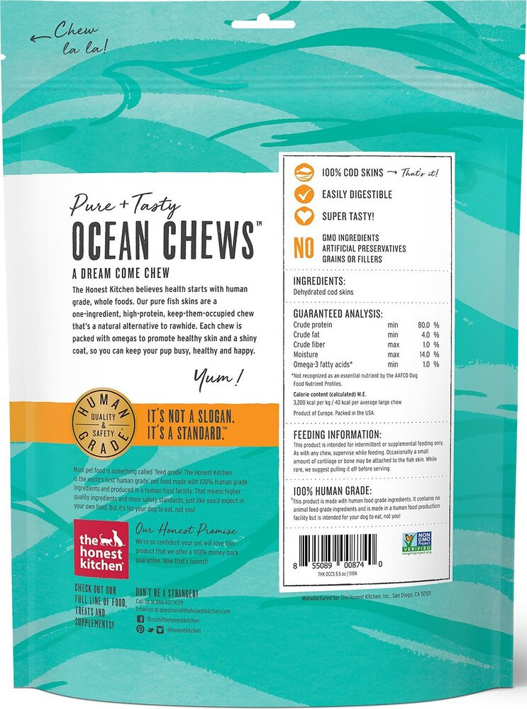 The Honest Kitchen Ocean Chews Cod Fish Skins Dehydrated Dog Treats, 5.5 oz