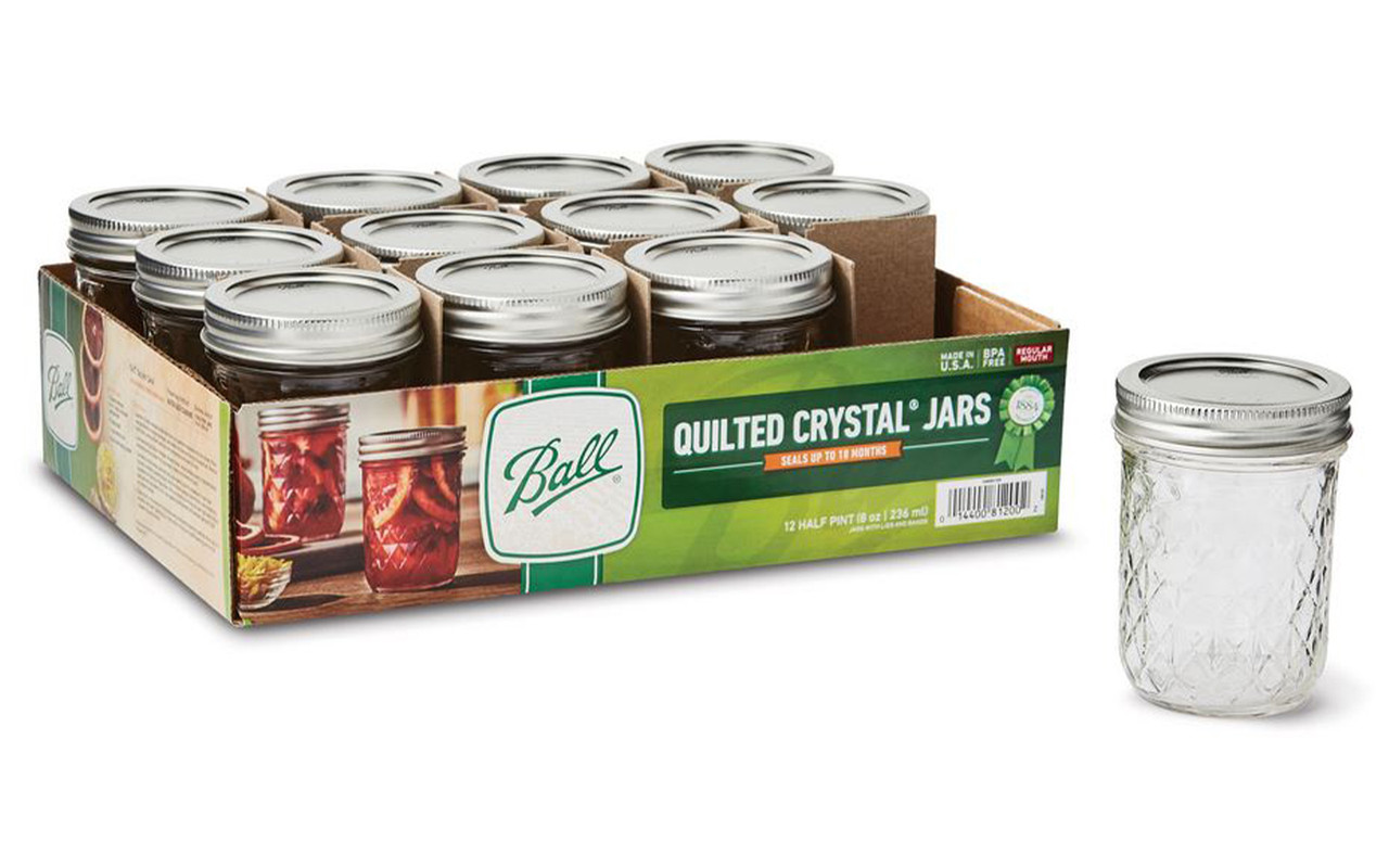 Ball Regular Mouth Quilted Crystal 1/2 Pint 8 oz Jelly Mason Jars, Pack of  12