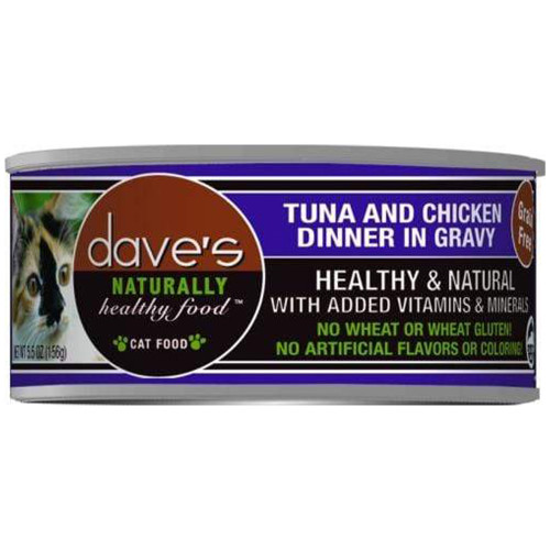 Dave's Naturally Healthy Grain-Free Tuna & Chicken Dinner in Gravy Canned Cat Food, 5.5 oz