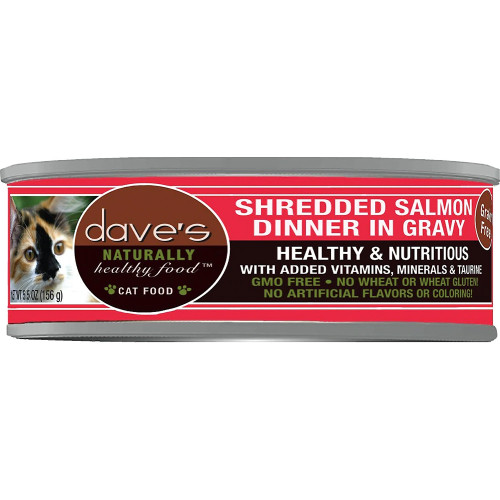 Dave’s Naturally Healthy Grain-Free Shredded Salmon Dinner in Gravy Canned Cat Food, 5.5 oz