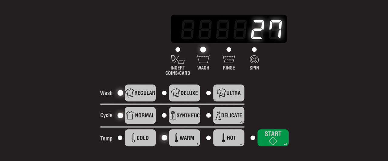 • Extract speed of 710 RPM spins clothes out drier
• Integrated meter case
• Advanced suspension system
• Easy-to-read digital display
• Cycle programming flexibility
• Multi-level vend pricing
• Individual cycle modifier keys
• Durable stainless steel tub standard
• 3.19 cu. ft. (90.3 liters) wash capacity
• Large capacity meter case standard
• Wash Alert™ capability