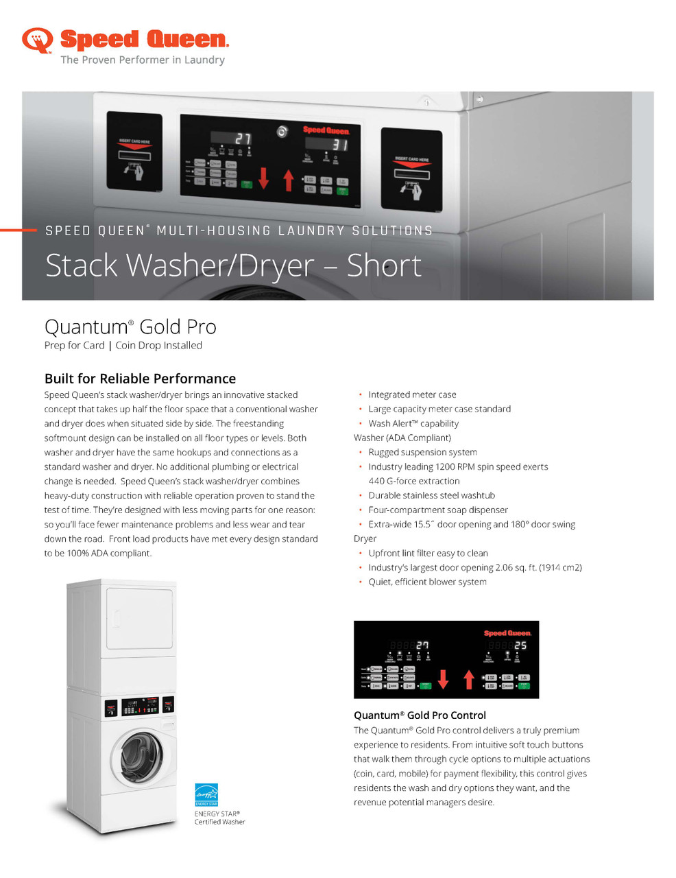 Speed Queen Commercial Multi-Housing Stacked Washer/ Dryers With Quantum Gold Pro Controls