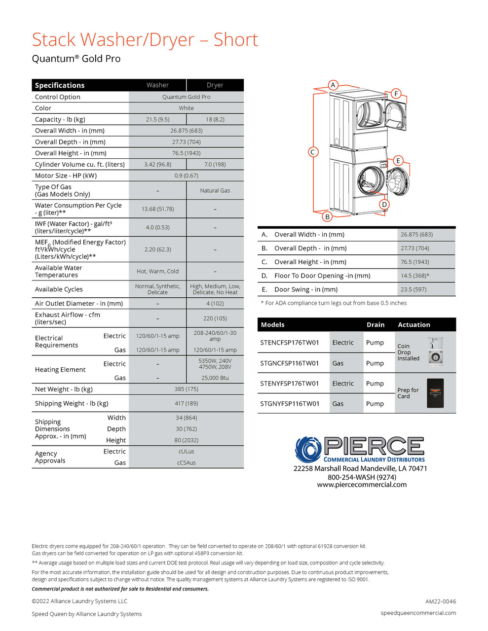 Speed Queen Commercial Multi-Housing Stacked Washer/ Dryers With Quantum Gold Pro Controls