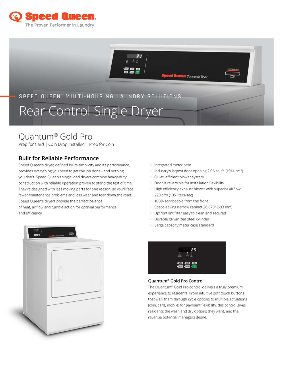 Speed Queen Commercial Multi-Housing Dryer With Quantum Gold Pro Rear Control