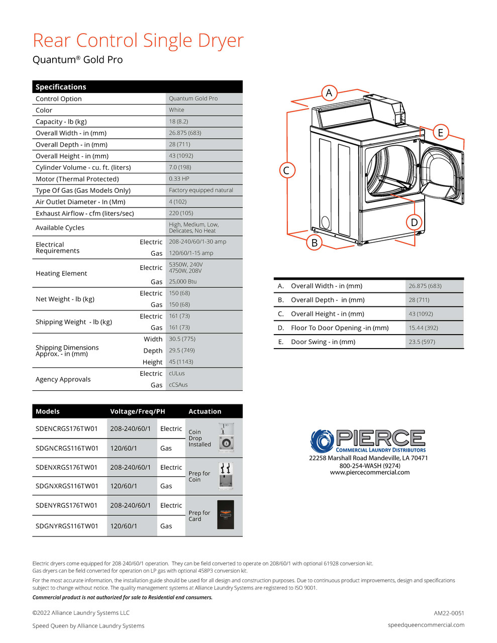 Speed Queen Commercial Multi-Housing Dryer With Quantum Gold Pro Rear Control