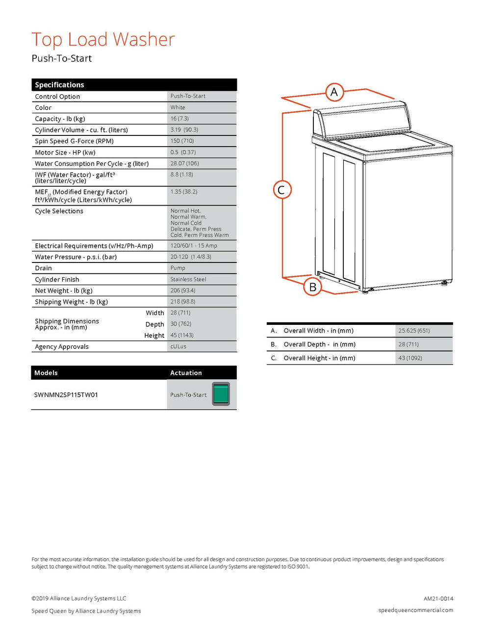 Speed Queen Commercial Multi Housing Top Load Washer With Push-To-Start Control