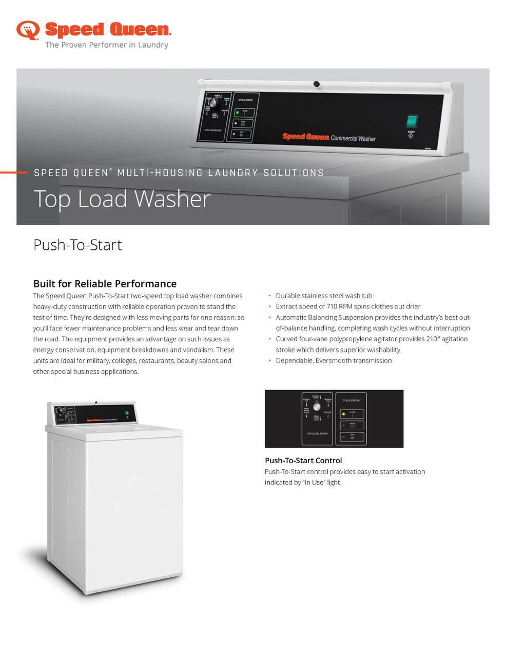 Speed Queen Commercial Multi Housing Top Load Washer With Push-To-Start Control