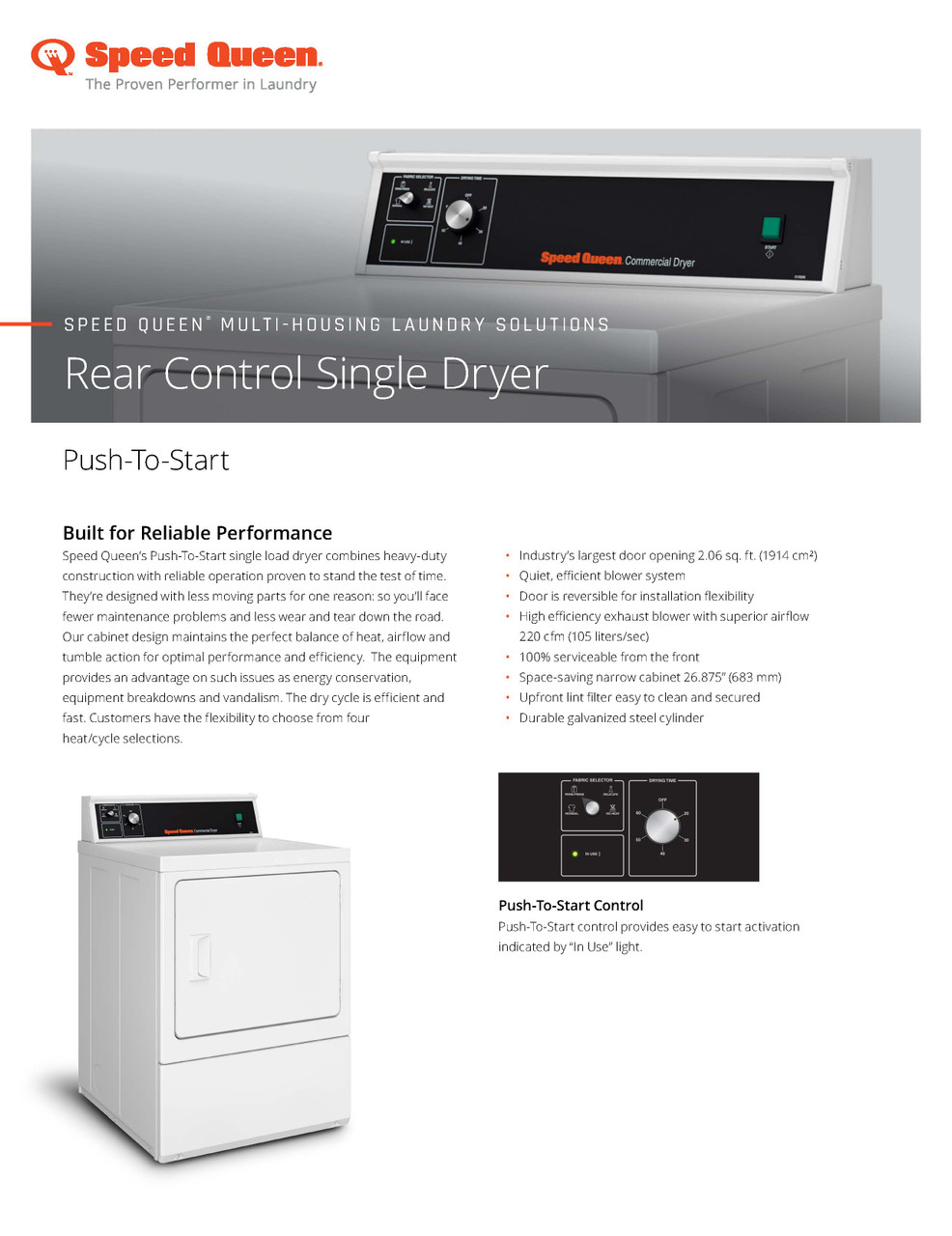 Speed Queen Commercial Multi Housing Single Load Dryer With Push-To-Start Rear Control