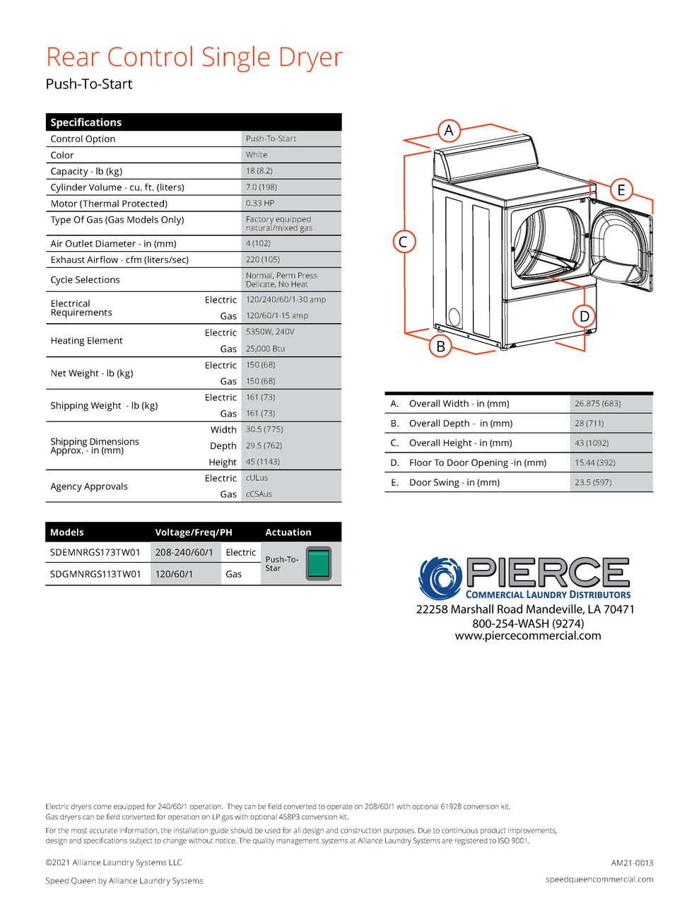 Speed Queen Commercial Multi Housing Single Load Dryer With Push-To-Start Rear Control