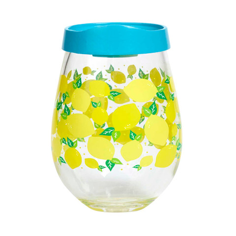 Stemless Acrylic Wine Glass with Lid - Lemons